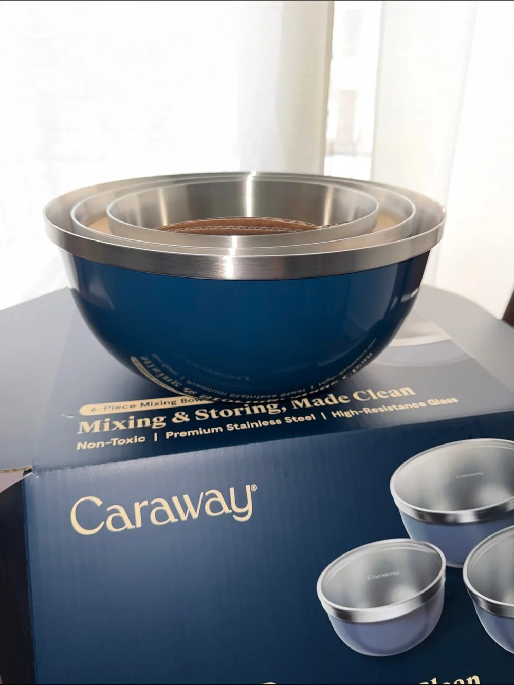 Caraway 6-Piece Stainless Steel Mixing Bowl Set - Blue- Brand New